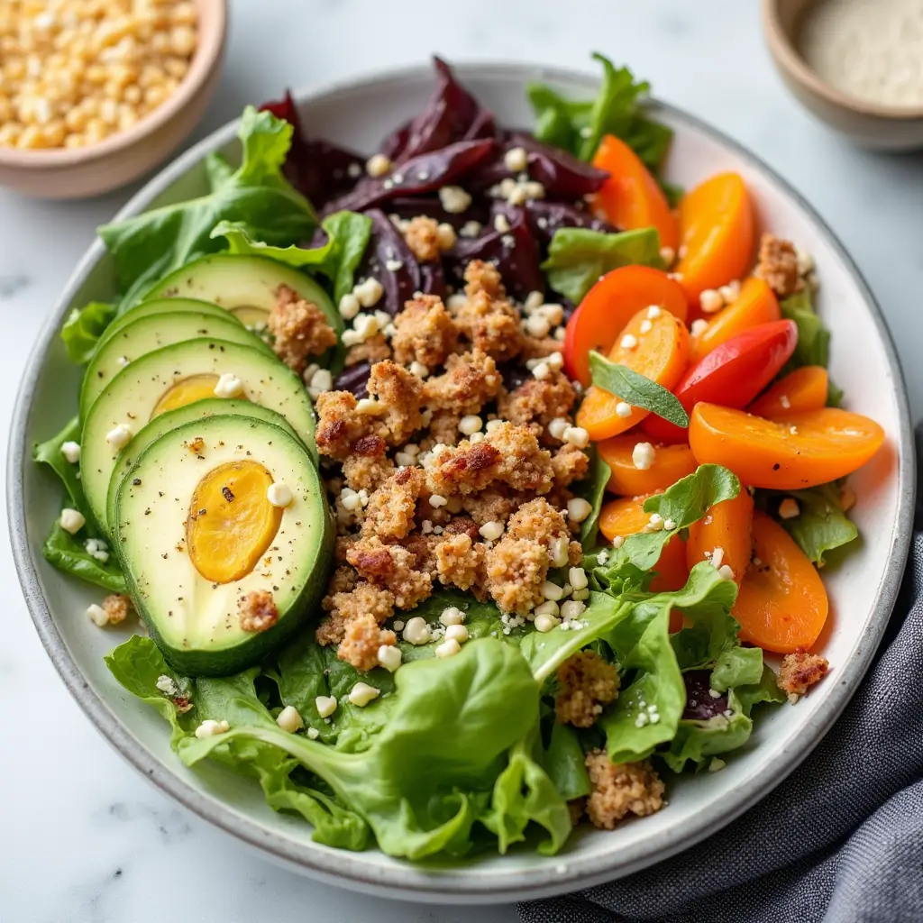 En färgstark och inbjudande bild på matiga sallader fyllda med färska grönsaker, proteiner och hälsosamma gryn, designade för att tilltala alla smaker